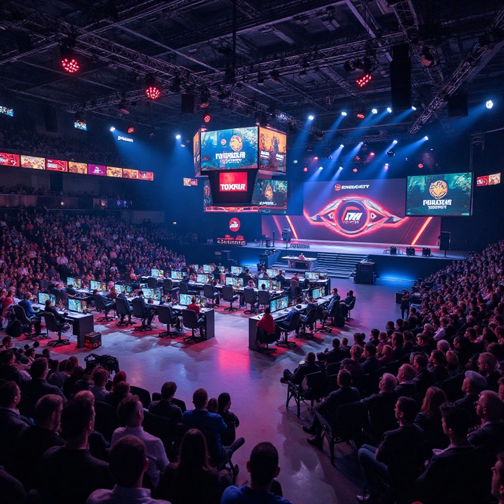 Professional esports tournament area with stage and audience seating