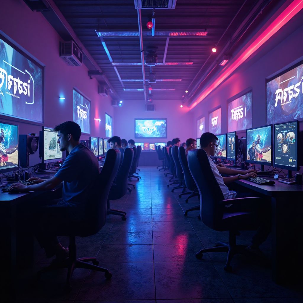 Main gaming hall with rows of high-end PCs